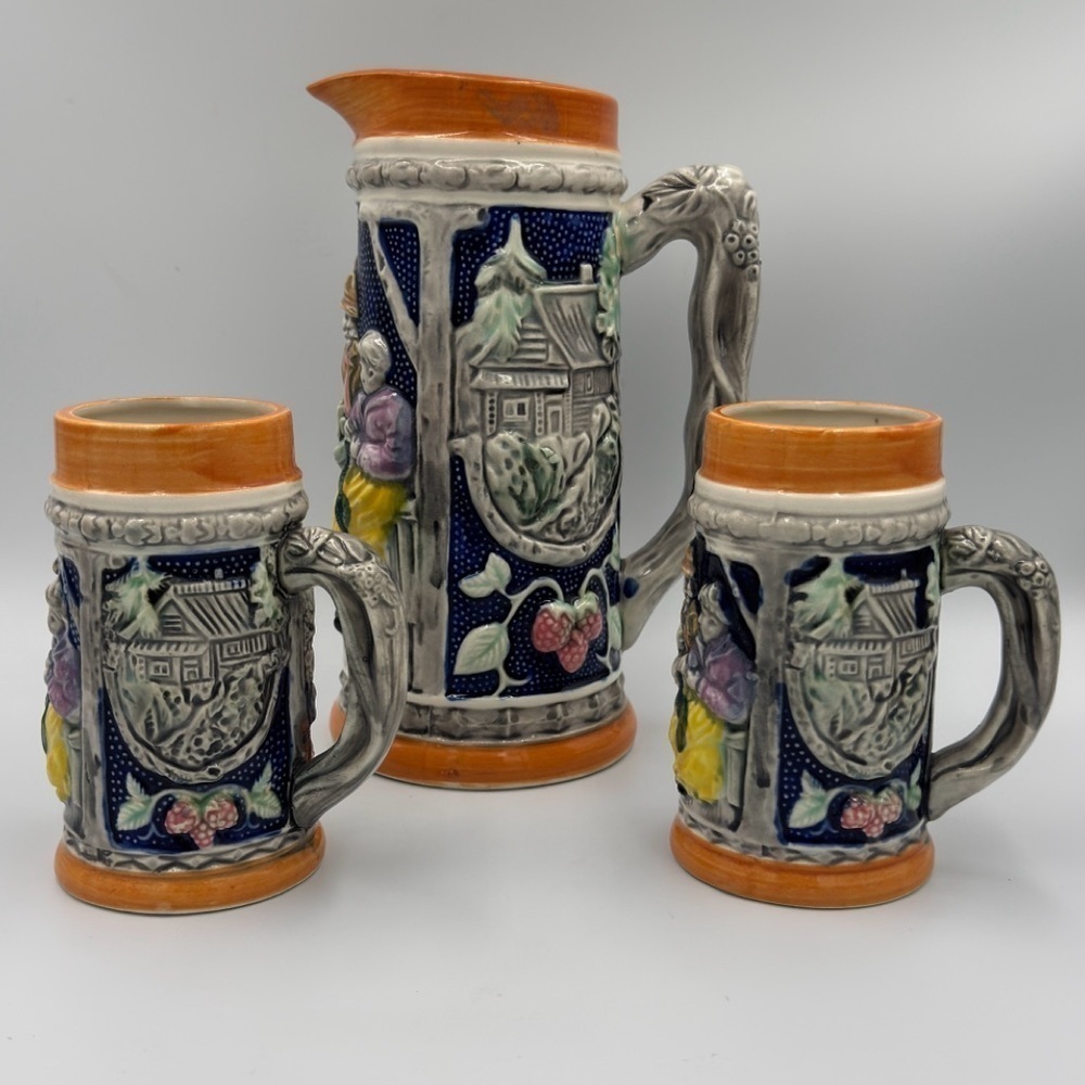 Vintage Betson’s Beer Pitcher and Two Small Matching Steins 3pc Set